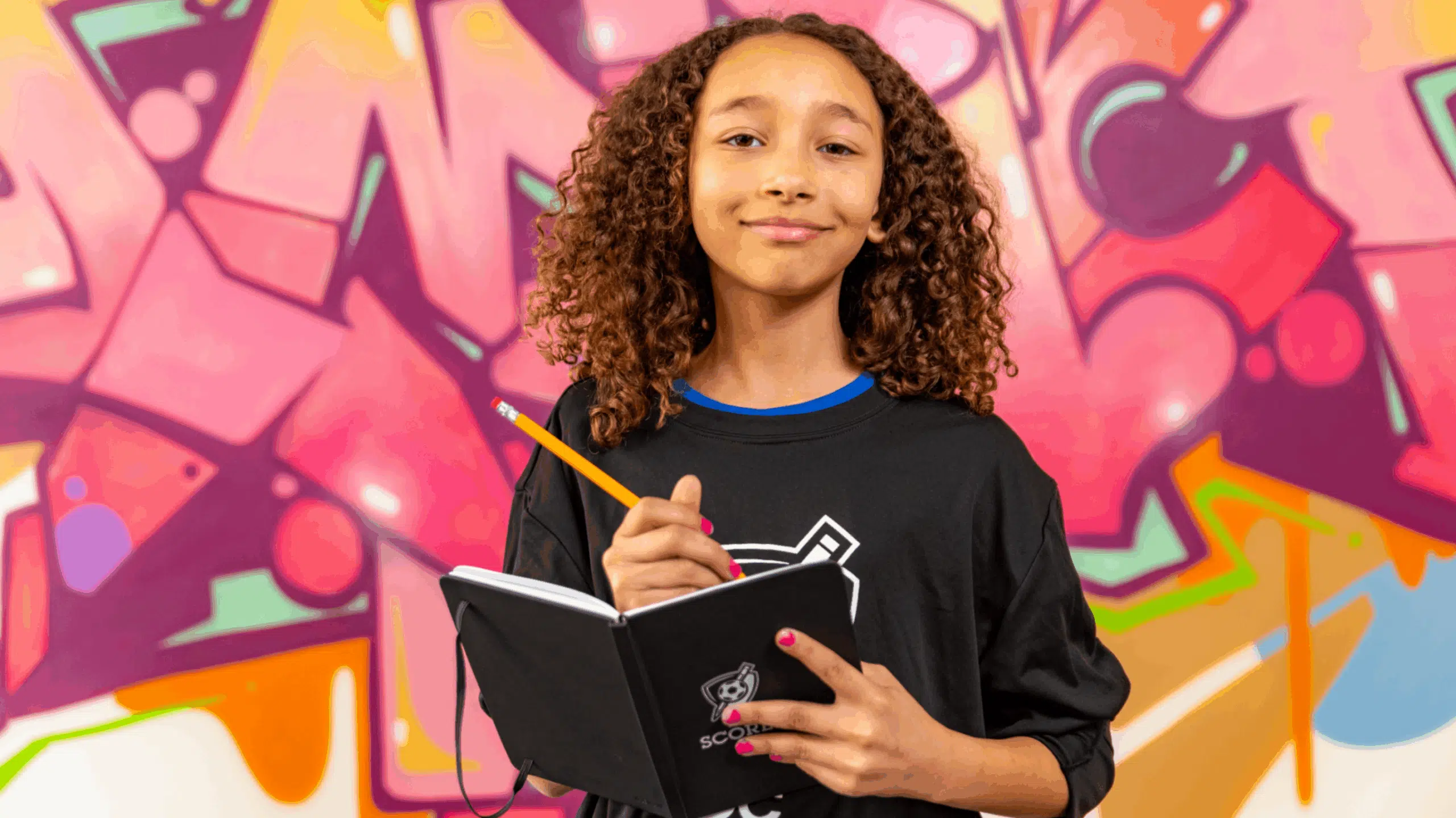 Poet-Athlete Carter Sewell smiles and poses with a notebook and pencil